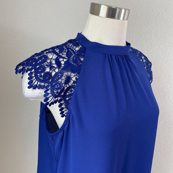 NEW Express Womens Large Royal Blue Lace Cap Sleeve Blouse Shirt Top - Picture 2 of 11